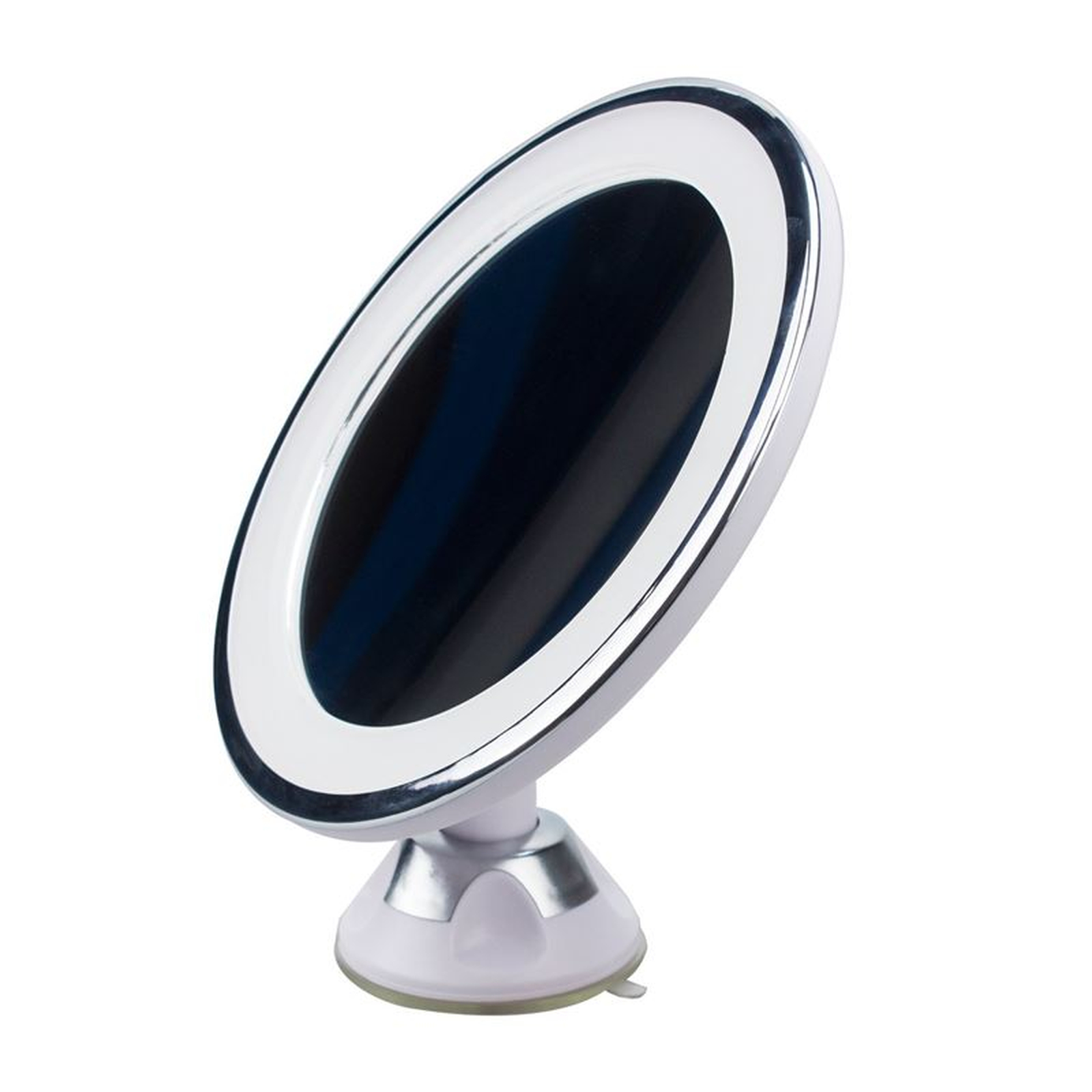 Specchio da trucco ovale con luce LED e base a ventosa su sfondo bianco.