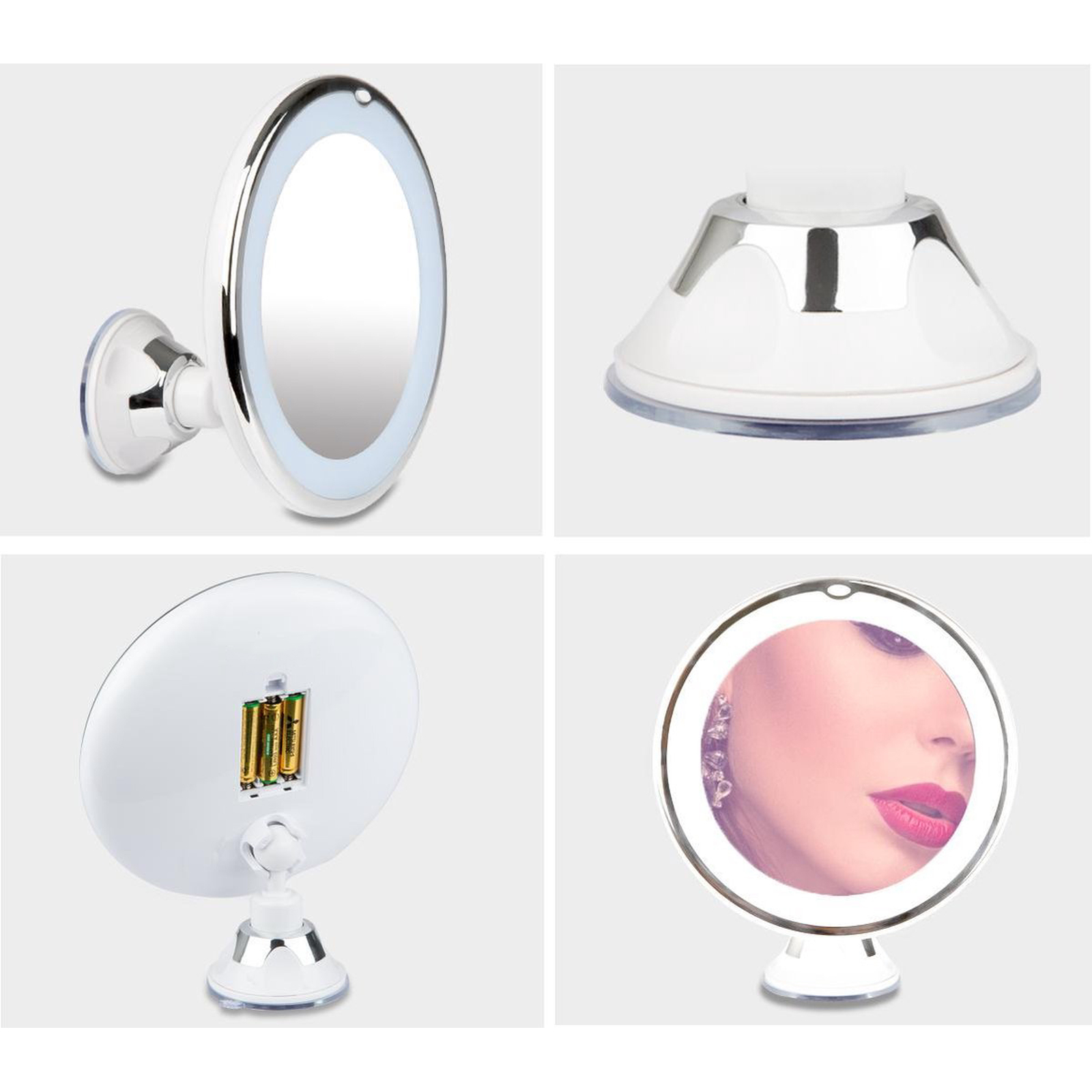 Uno specchio da toeletta con luci LED e supporto a ventosa.