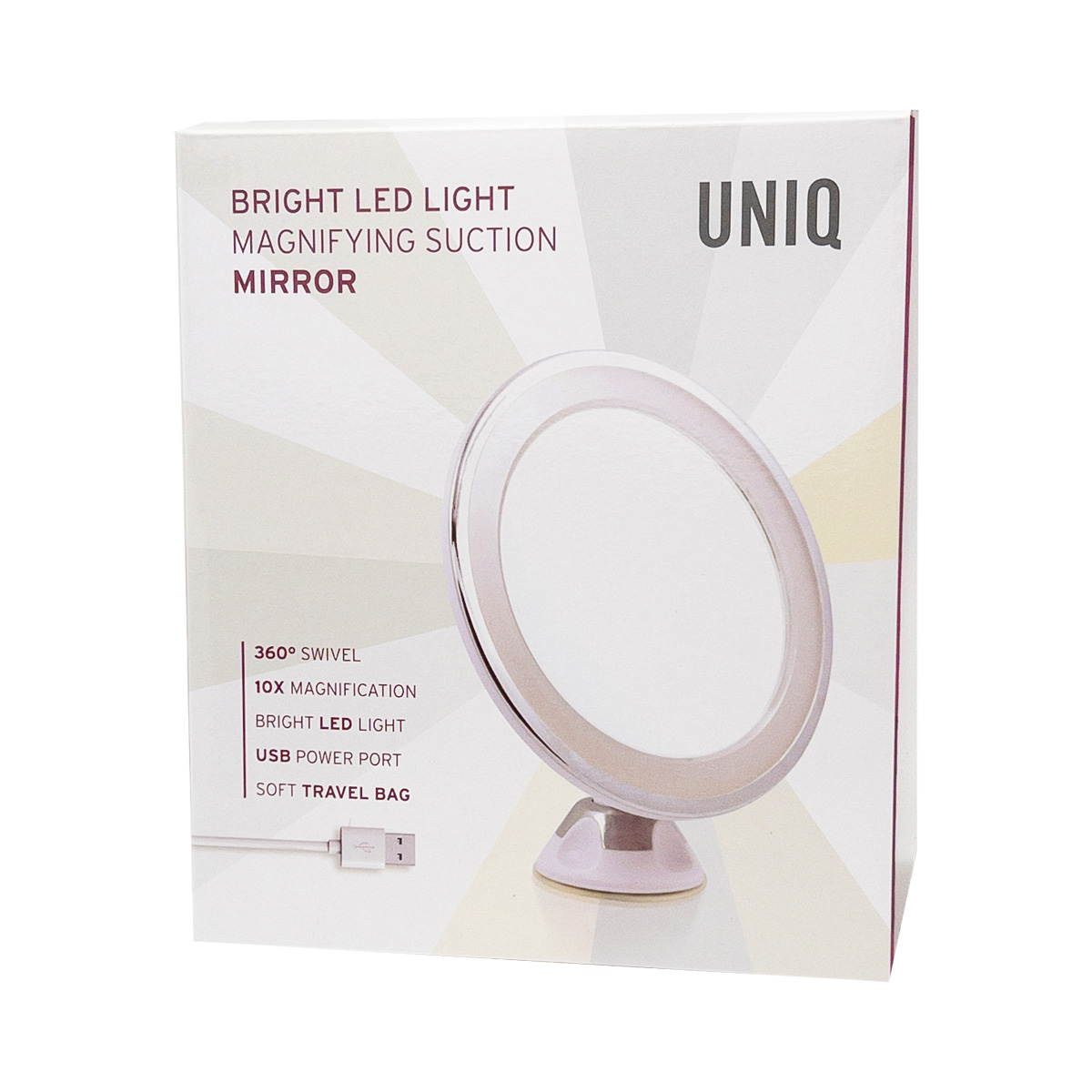 Confezione di uno specchio ingranditore UNIQ con luce LED e porta USB.