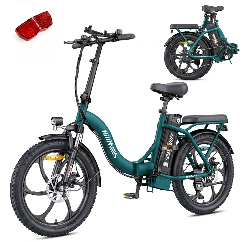 Ein grünes Klapp-E-Bike mit breiten Reifen, Akku und Rücklicht.