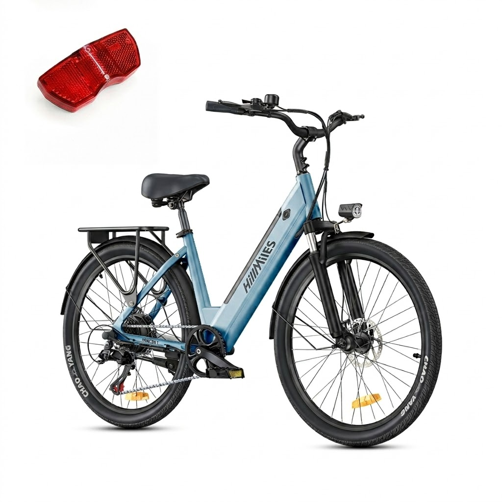 Blaues Elektrofahrrad mit schwarzem Gepäckträger, Scheinwerfer und rotem Rücklicht.