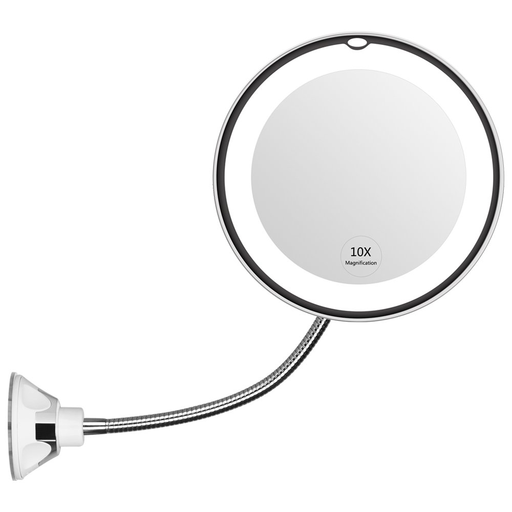 Specchio per trucco rotondo con luce LED, ingrandimento 10x, collo di cigno flessibile e ventosa.