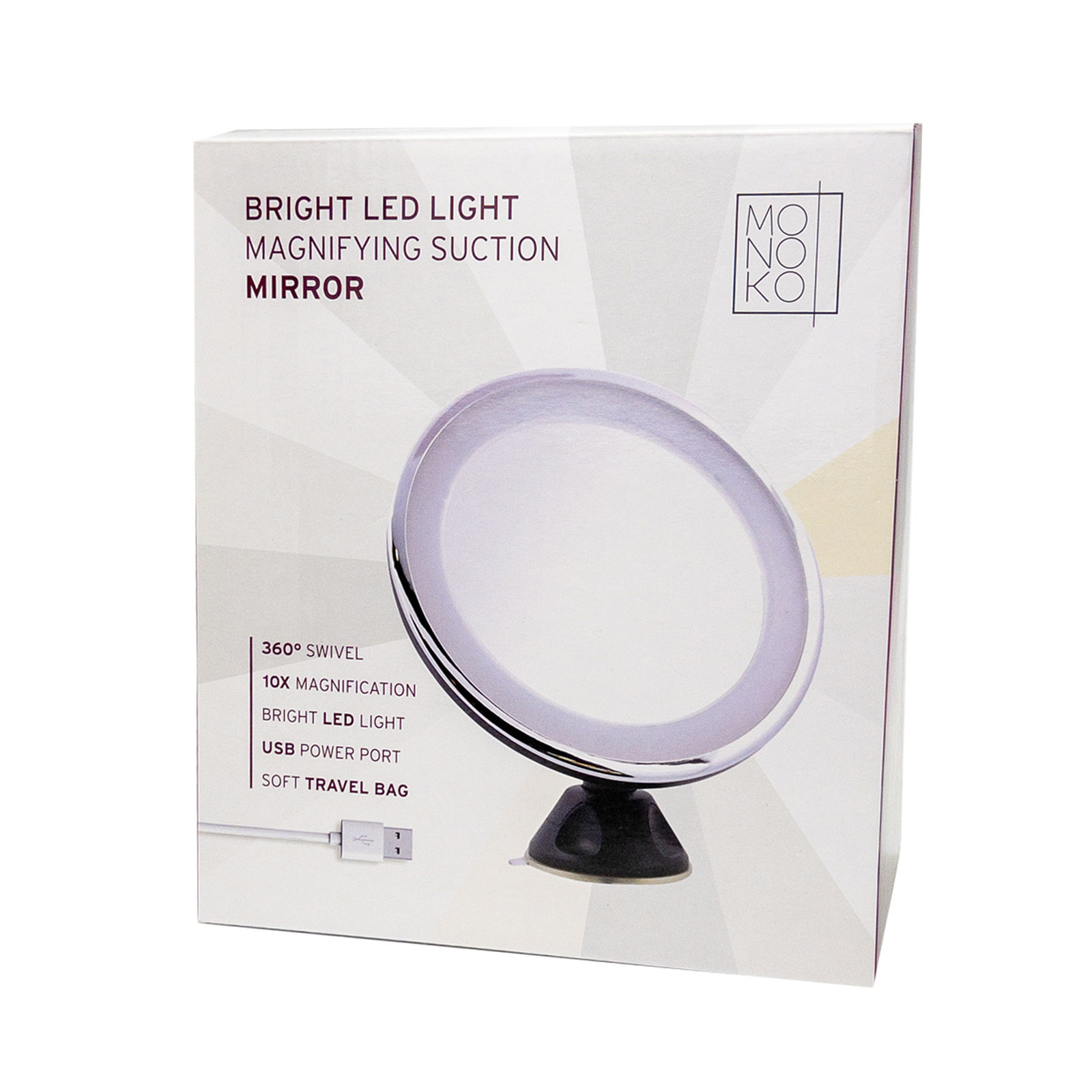 Scatola per specchio LED luminoso a ventosa con alimentazione USB. Girevole a 360°.