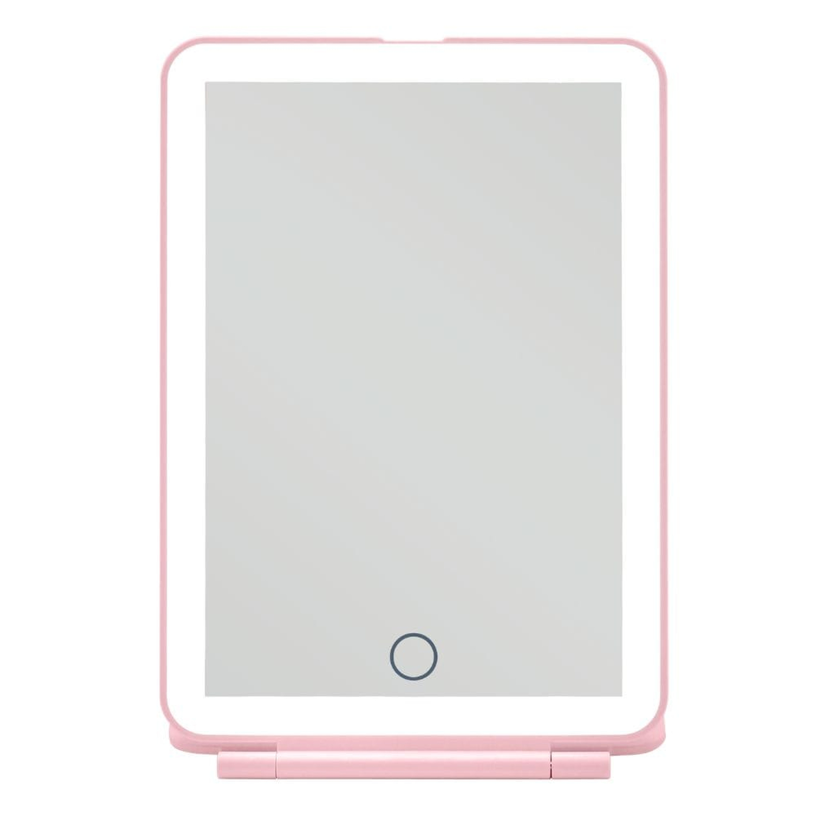 Uno specchio per il trucco rosa con cornice illuminata e simbolo touch.