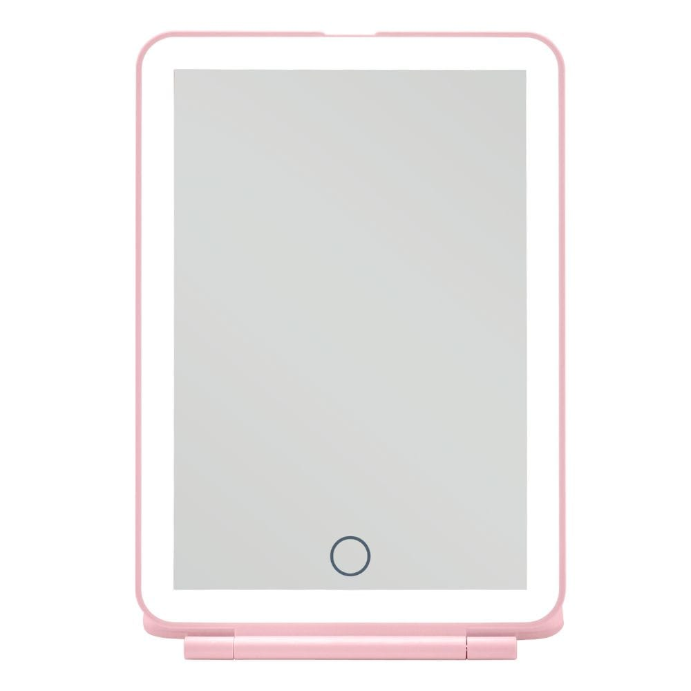Un piccolo specchio rosa con pulsante touch e supporto.