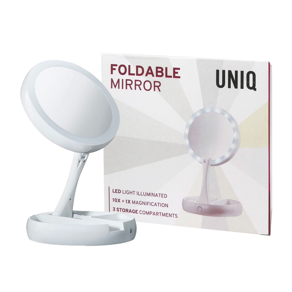 Specchio da trucco bianco illuminato con ingrandimento 10x e contenitore.