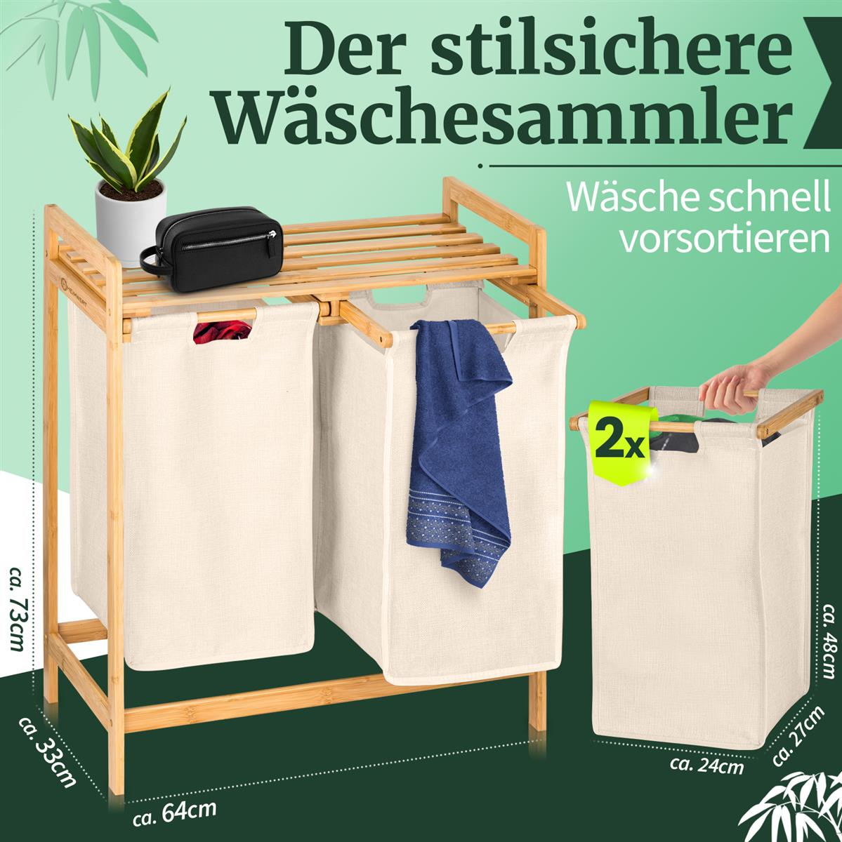 Ein Bambus-Wäscheständer mit zwei Stoffkörben und einem kleineren Korb daneben.