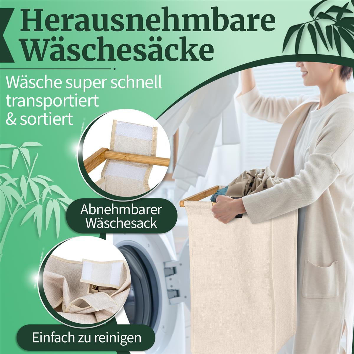 Frau hält eine beige Wäschetasche neben einer Waschmaschine, mit Textüberlagerungen.