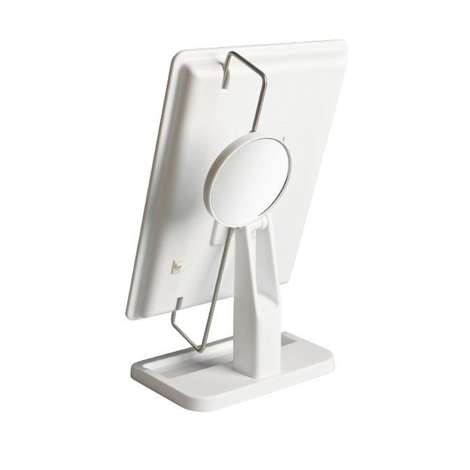 Specchio da tavolo bianco con base girevole e piccolo specchio d'ingrandimento.