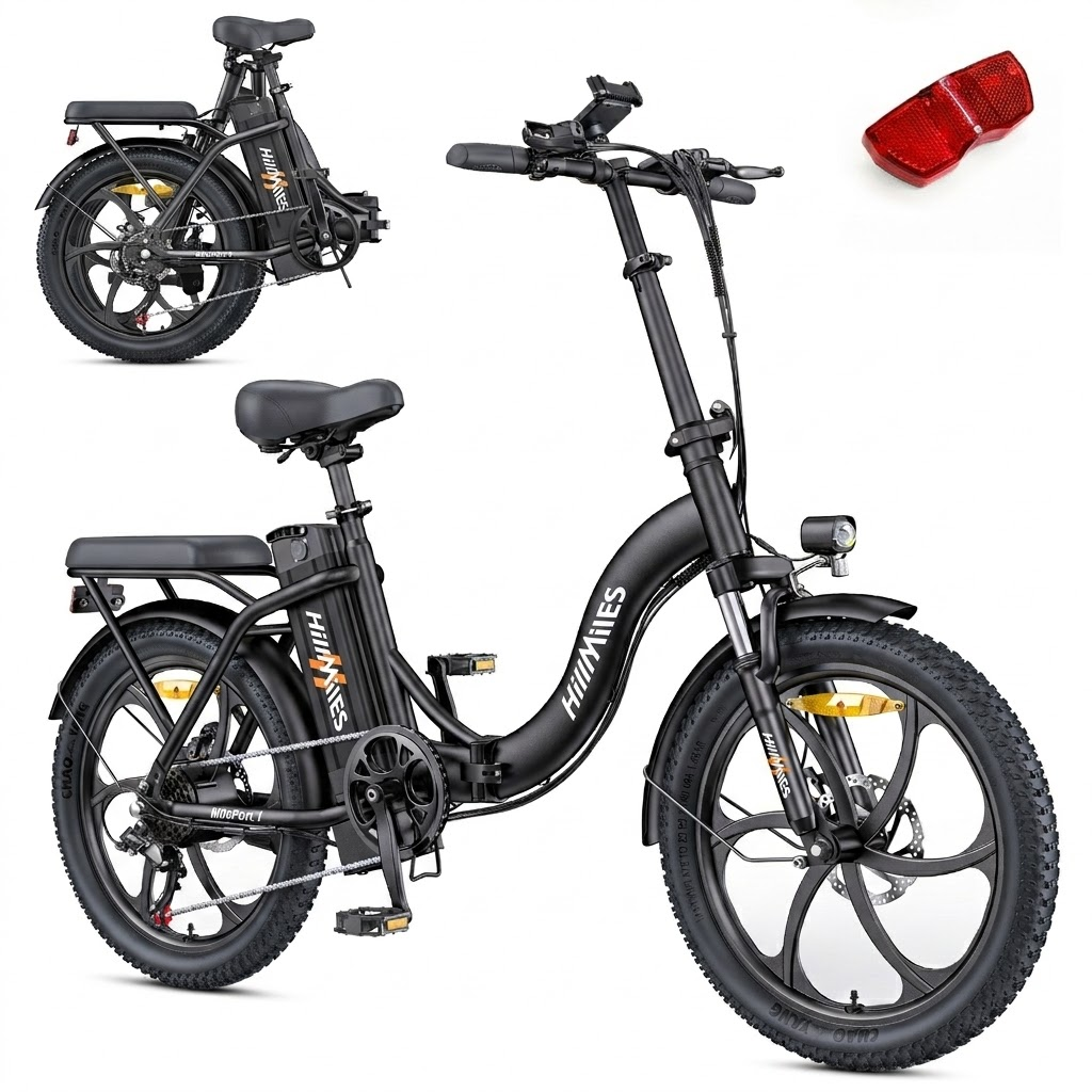 Schwarzes faltbares E-Bike mit dicken Reifen und Gepäckträger. Ein roter Reflektor ist separat abgebildet.