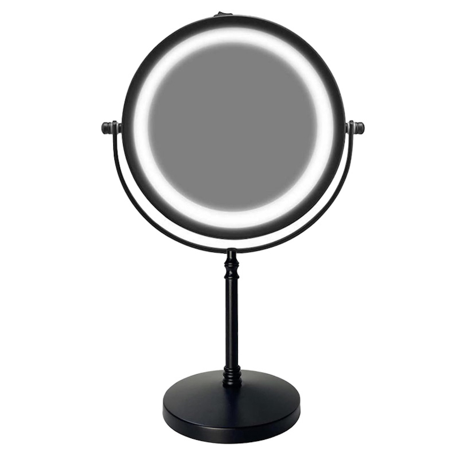 Uno specchio per il trucco rotondo con luce LED su una base nera.