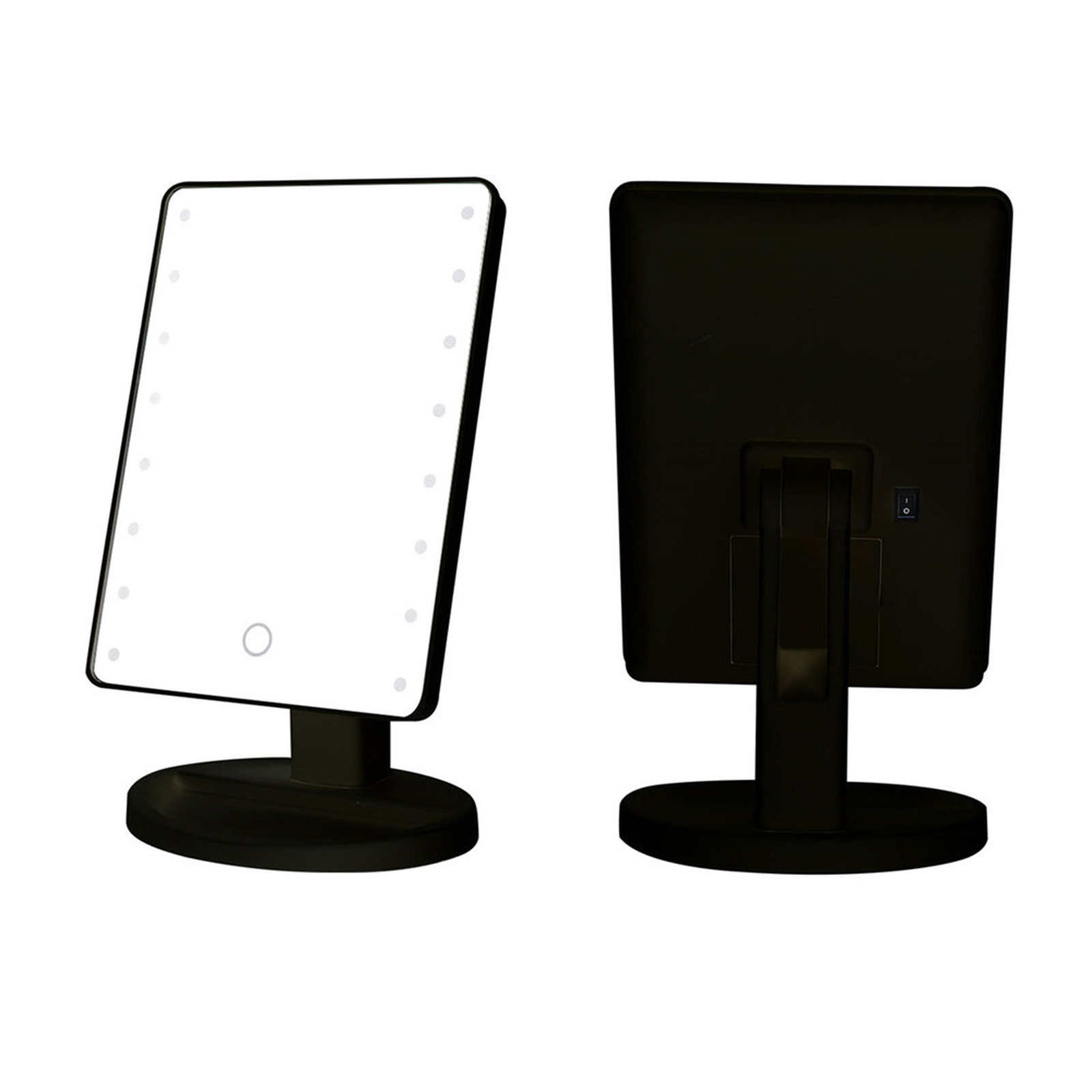 Uno specchio da trucco rettangolare nero illuminato, visto di fronte e di retro.