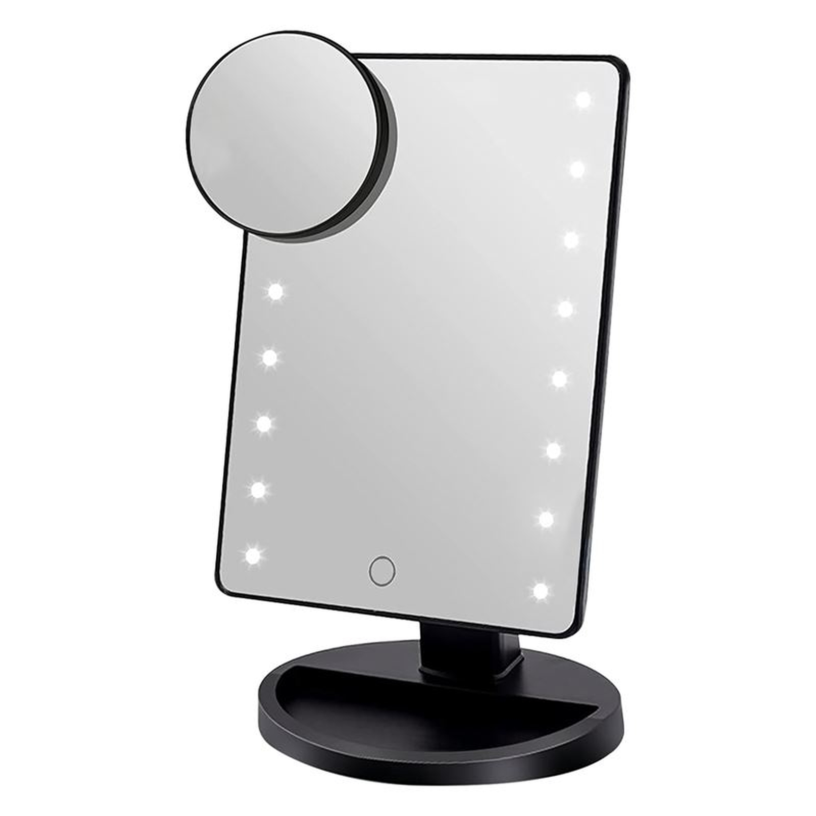 Uno specchio per il trucco rettangolare con luci e un accessorio di ingrandimento rotondo.