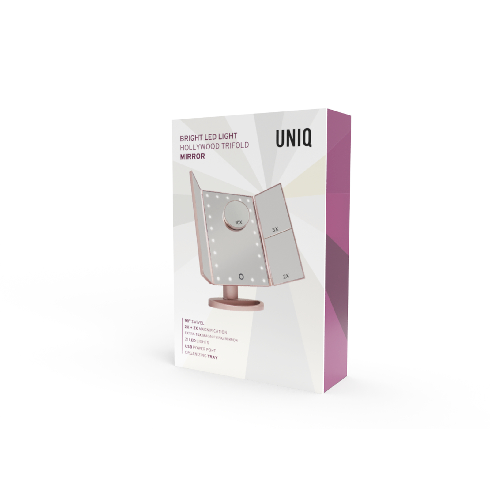 Uno specchio trifold Hollywood oro rosa con LED, ingrandimento 2X, 3X, 10X.