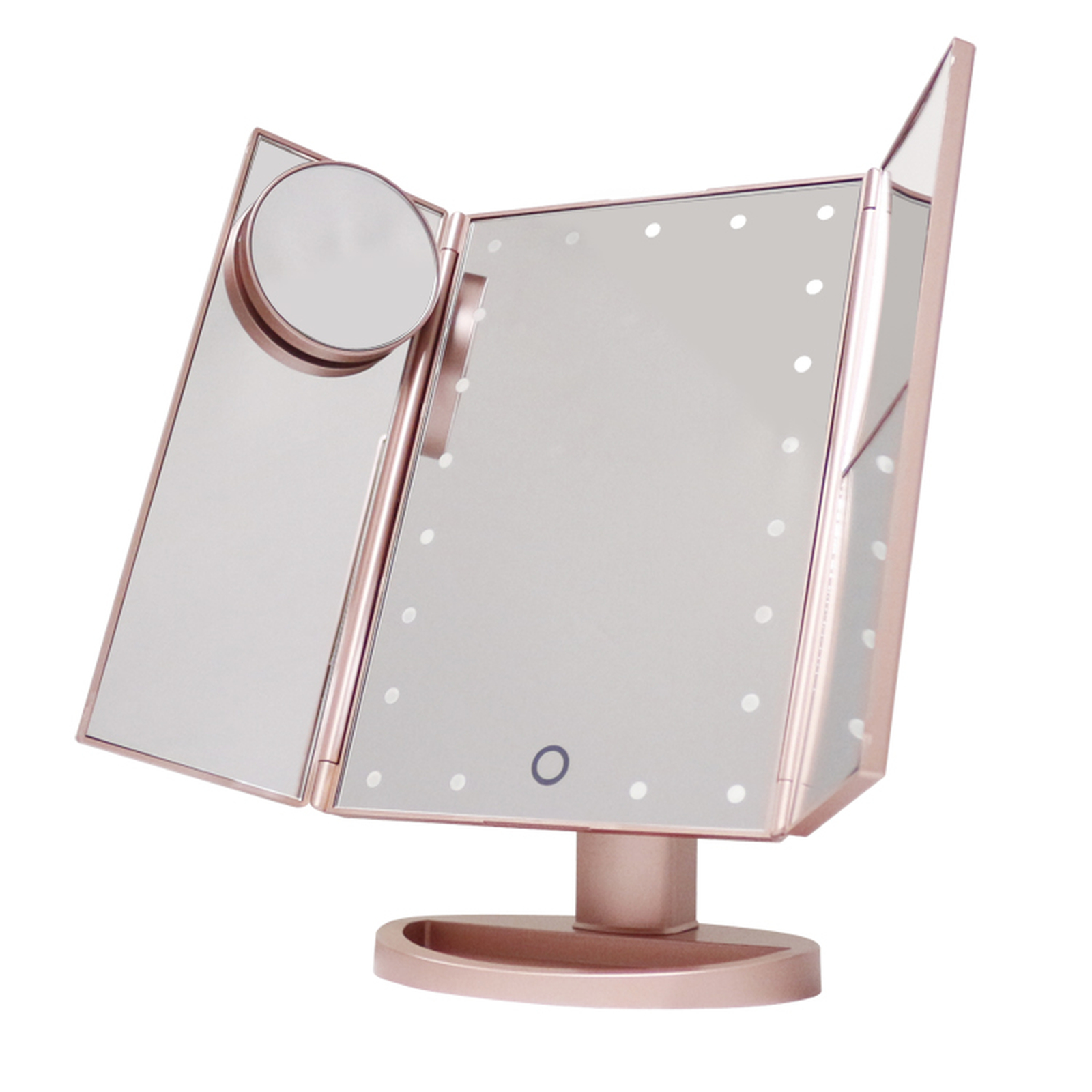 Uno specchio per il trucco triplo pieghevole color oro rosa con LED.