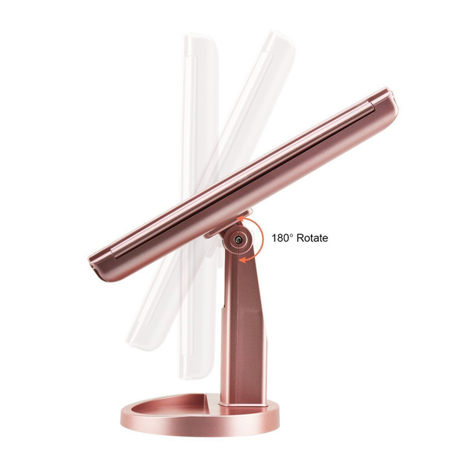Uno specchio per il trucco color oro rosa con rotazione di 180° su un supporto.