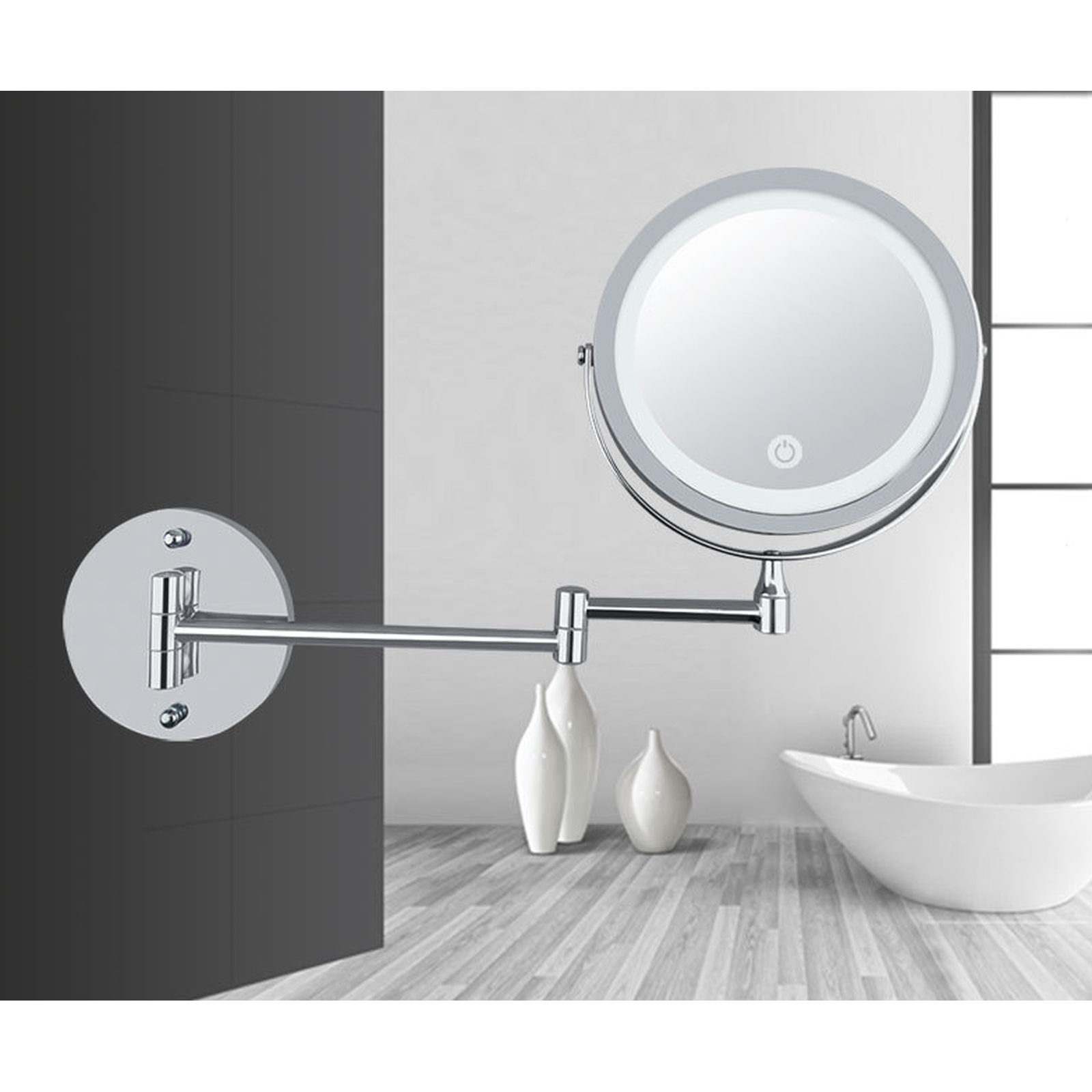Uno specchio per il trucco girevole con luce LED sopra un lavandino.