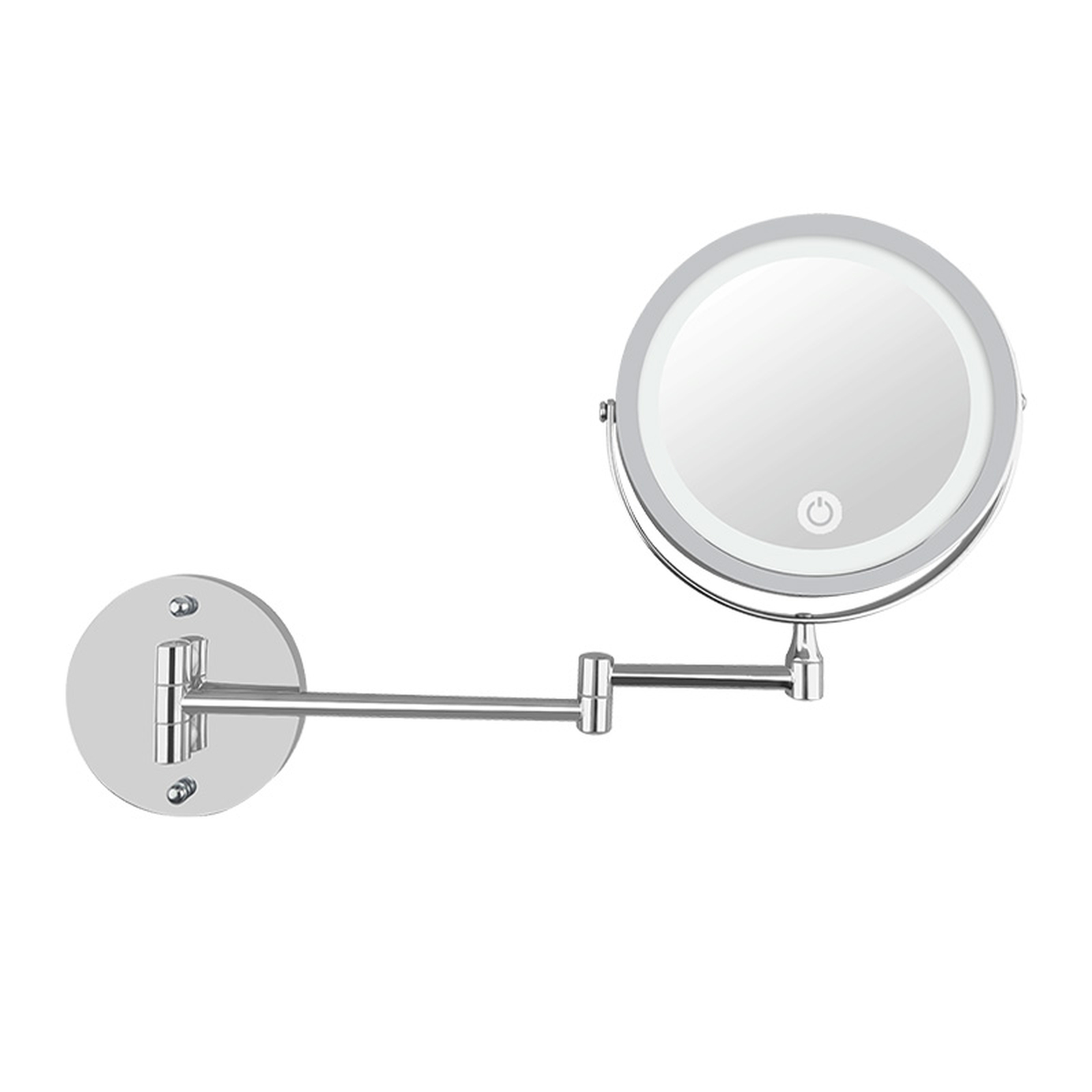 Uno specchio da parete girevole con illuminazione e superficie riflettente rotonda.