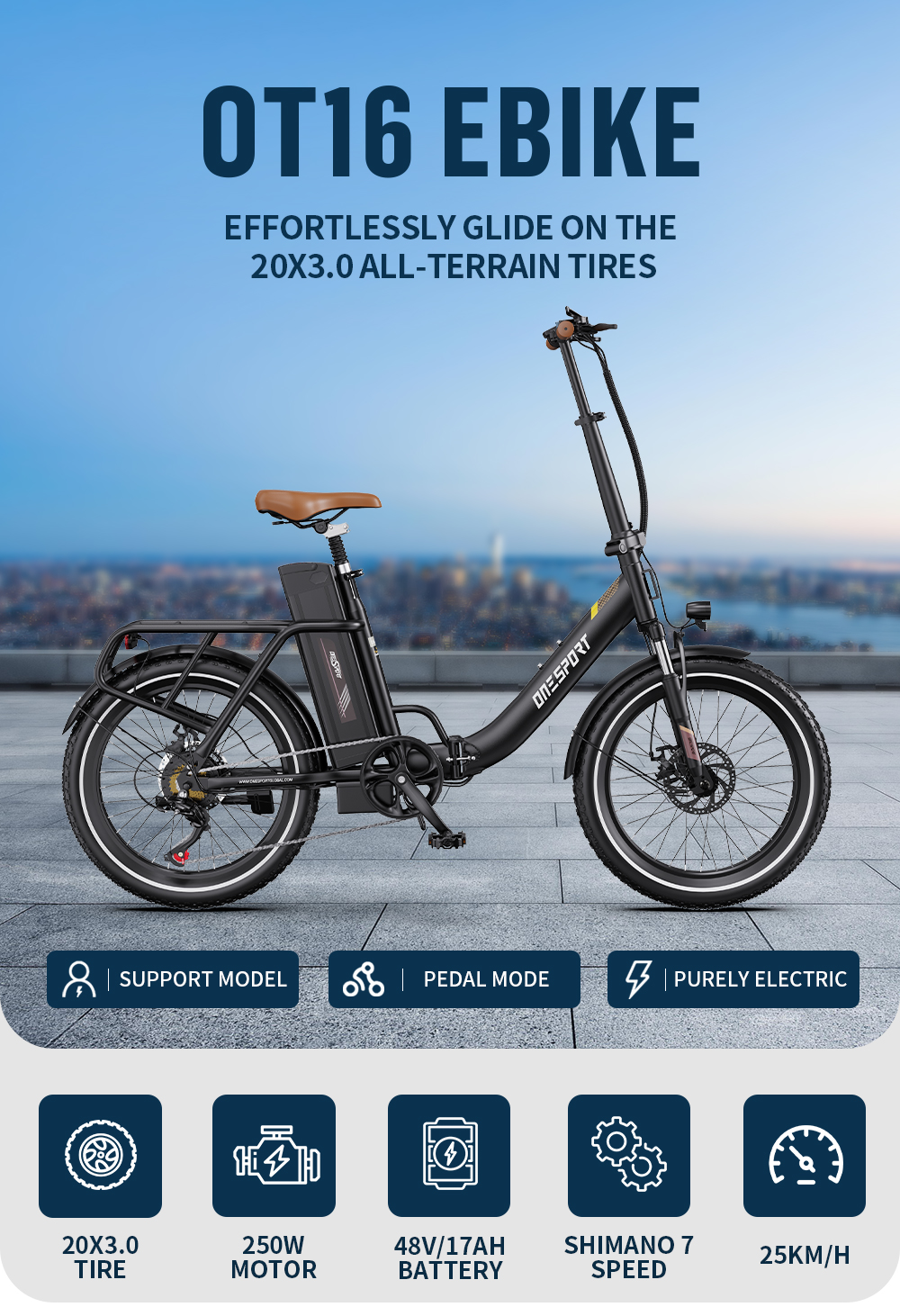 Bicicleta eléctrica OT16 negra con asiento marrón, llantas 20x3.0, motor 250W.