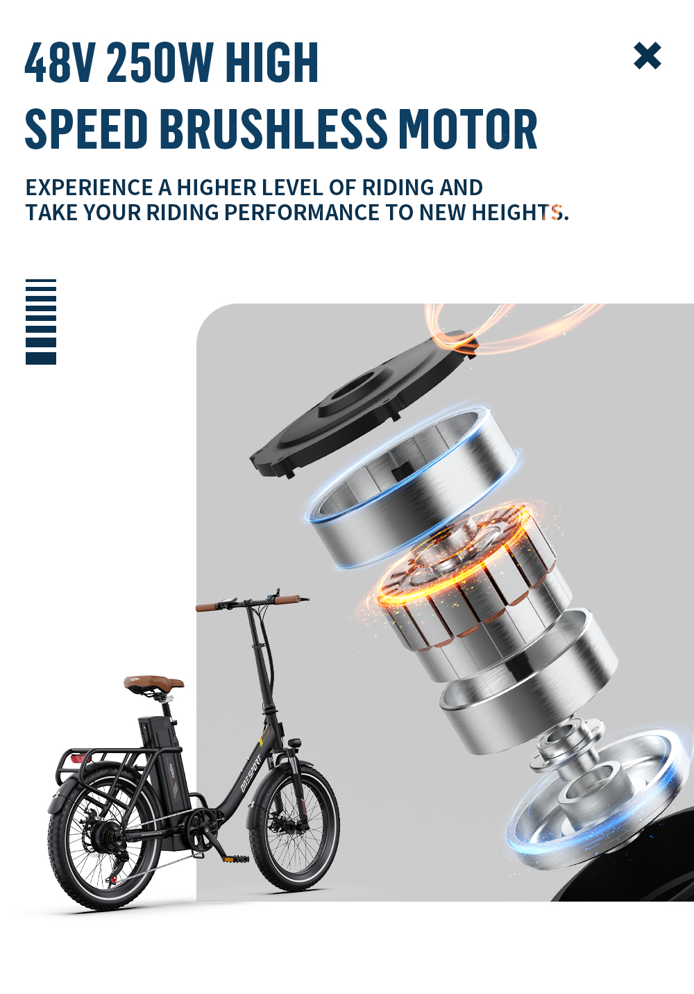 Una bicicleta eléctrica negra con motor desmontado. Texto superior: 48V 250W HIGH SPEED BRUSHLESS MOTOR.