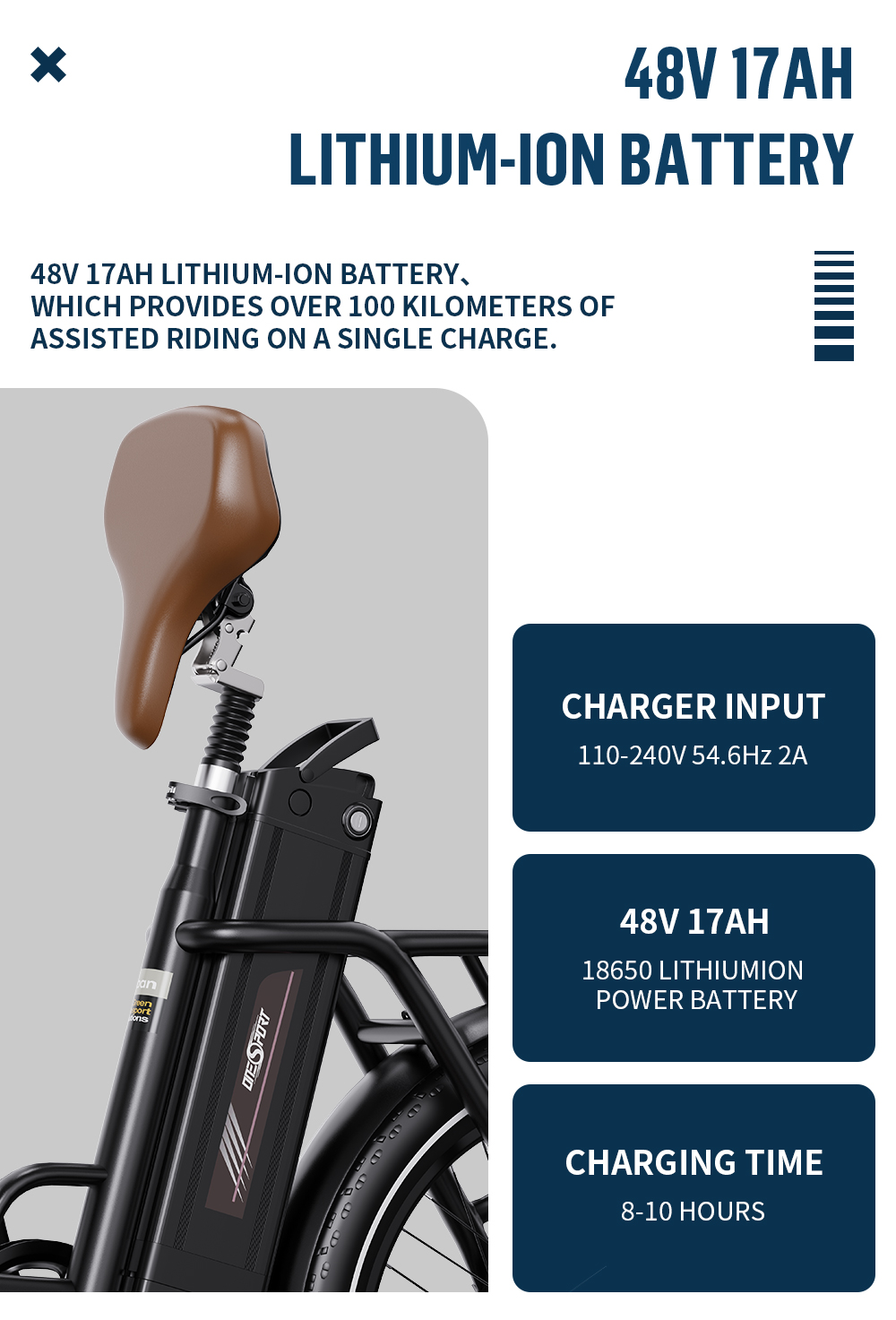 Bicicleta eléctrica con batería de iones de litio de 48V 17AH, sillín marrón.