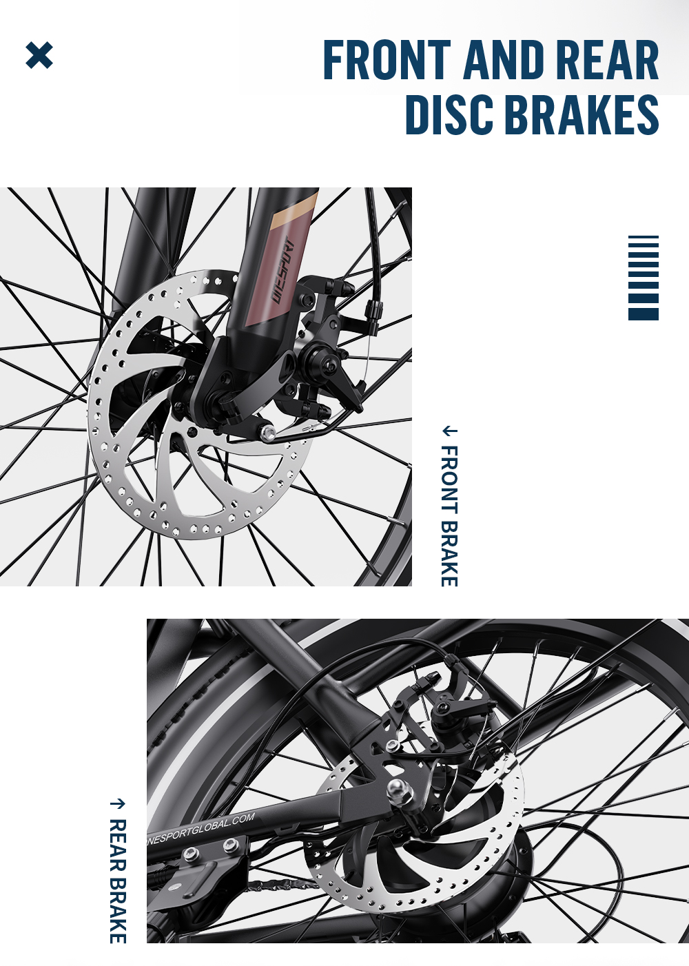 Primer plano de frenos de disco de bicicleta delanteros y traseros, mostrando rotores y pinzas de metal.