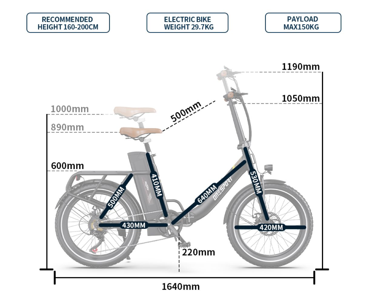 Diagrama de una bicicleta eléctrica gris con dimensiones y especificaciones.