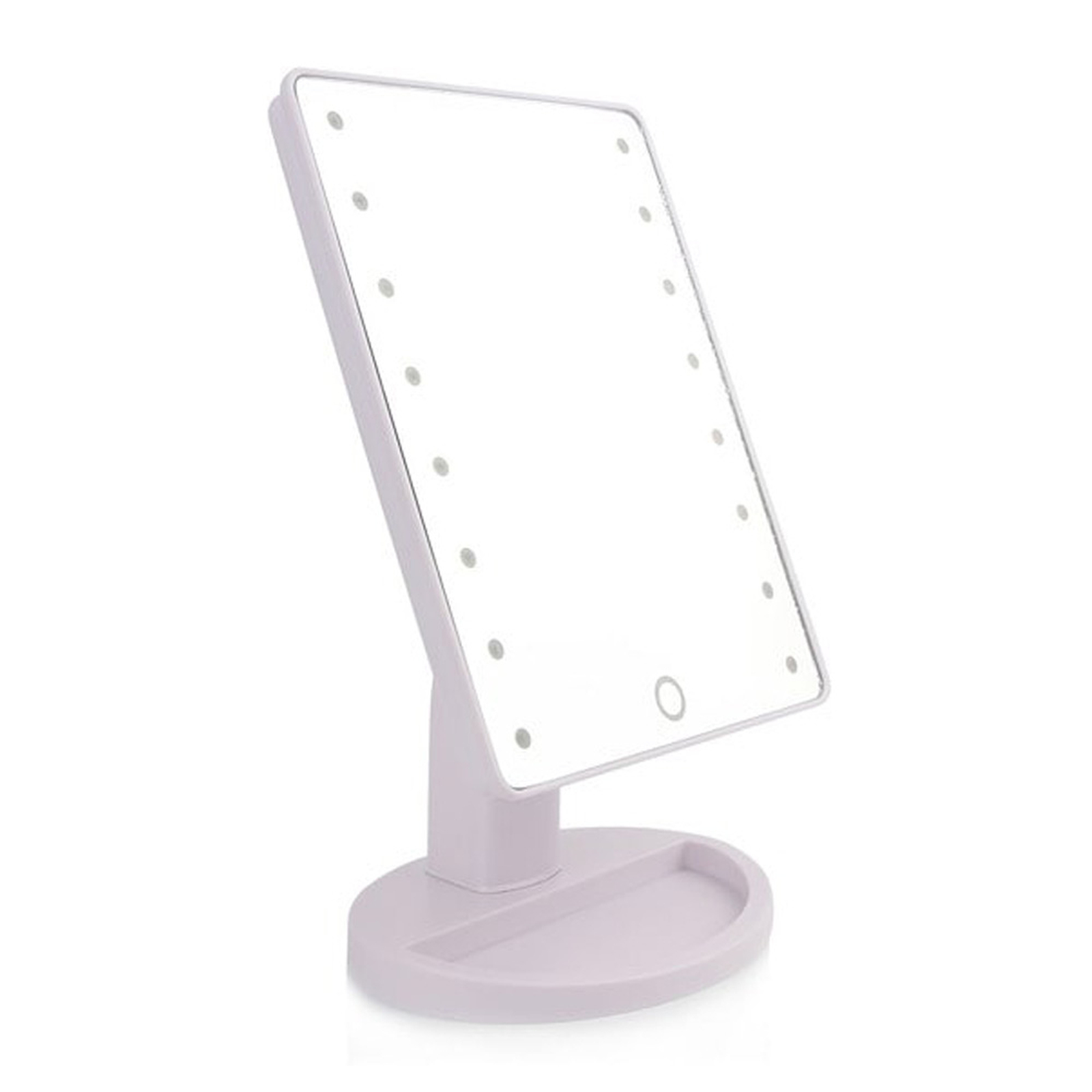 Uno specchio per il trucco rettangolare con luci e una base rotonda.
