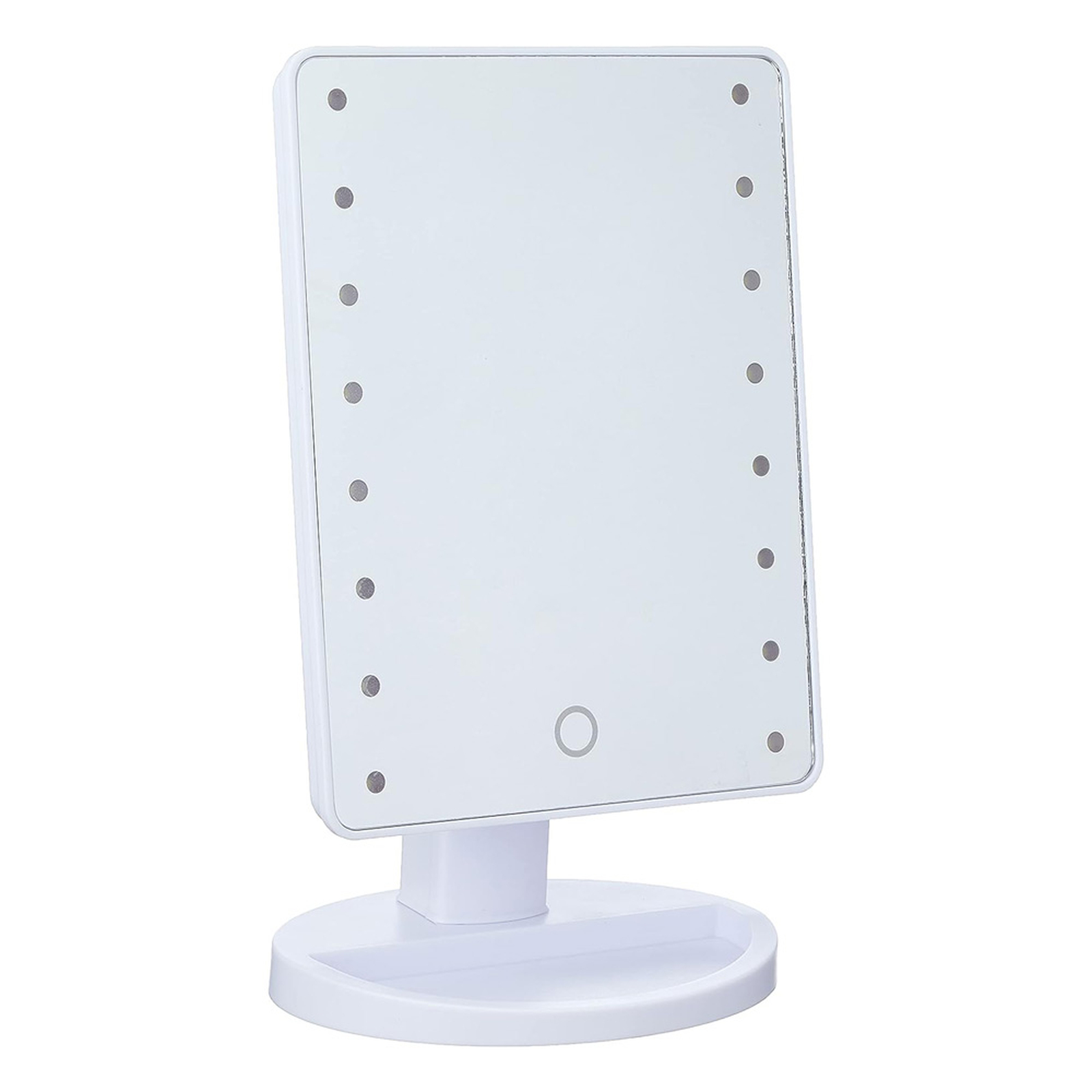 Uno specchio per il trucco bianco con luci LED e base rotonda.
