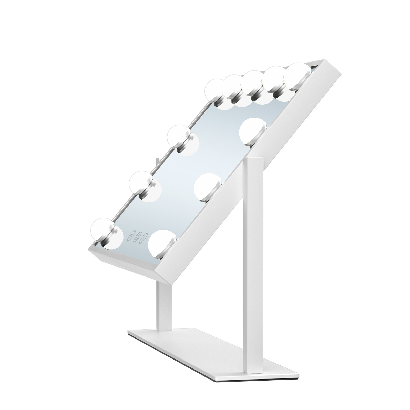 Uno specchio per il trucco bianco con luci su un supporto.
