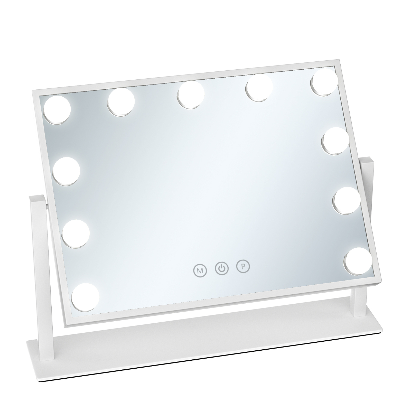 Uno specchio per il trucco bianco illuminato con supporto. Ha dieci lampadine attorno allo specchio.