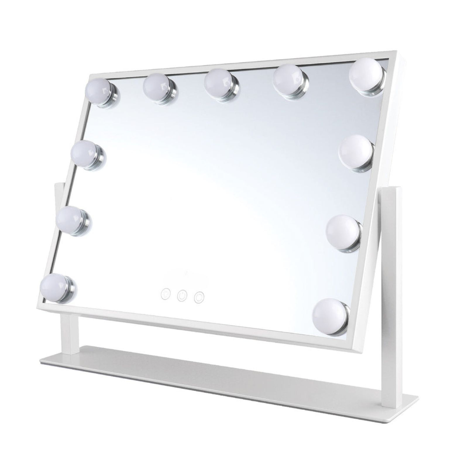 Uno specchio per il trucco bianco con lampadine e controlli touch poggia su una base.