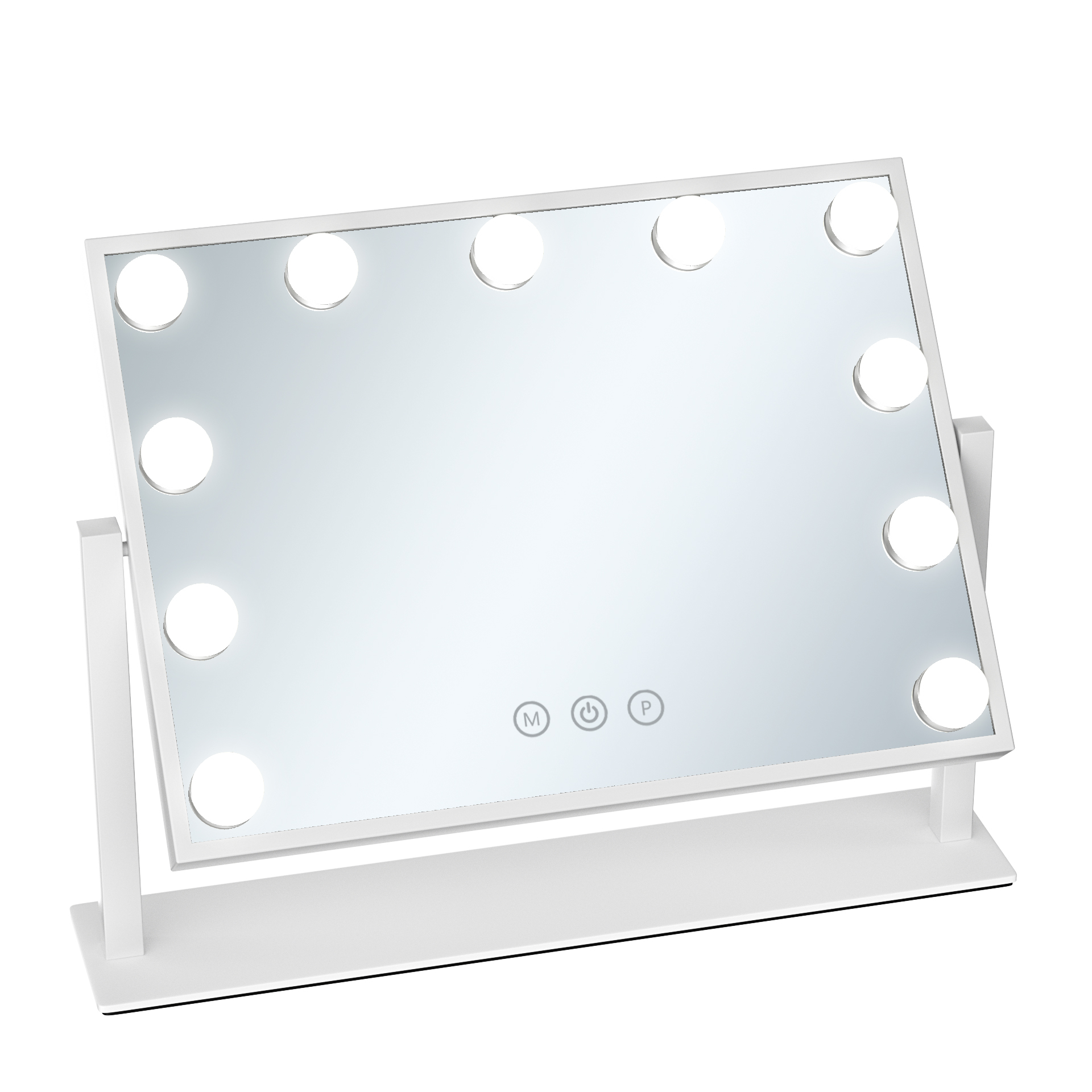 Uno specchio da toeletta bianco con dieci luci e controlli touch.