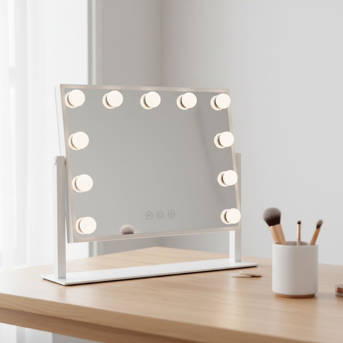 Uno specchio per il trucco bianco con luci si trova su un tavolo di legno.