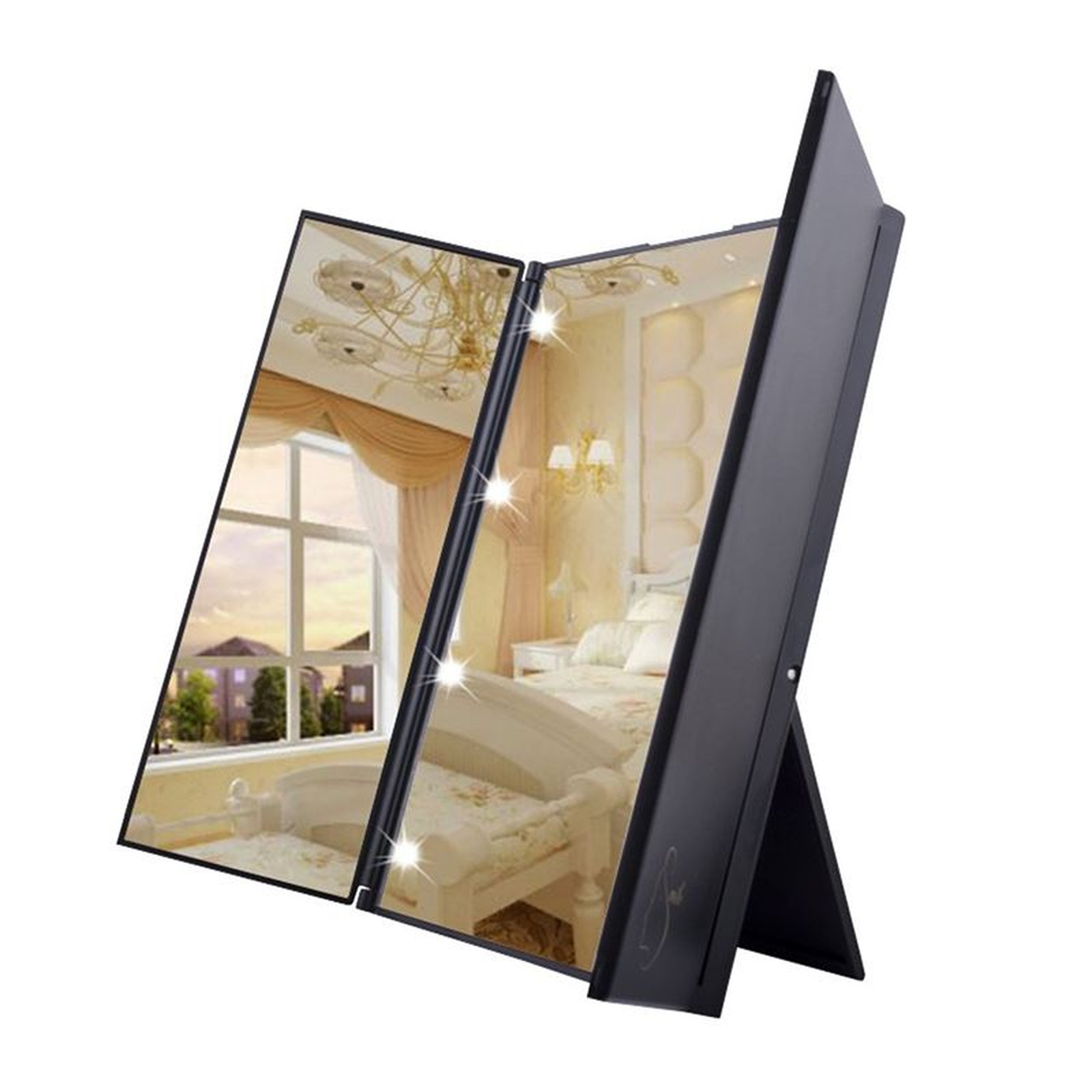 Uno specchio per trucco nero in piedi con luci, che riflette una camera da letto.