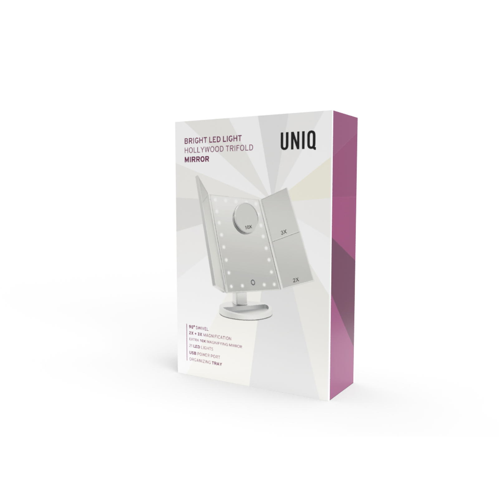 Uno specchio per il trucco triplo con luci LED e diversi livelli di ingrandimento.