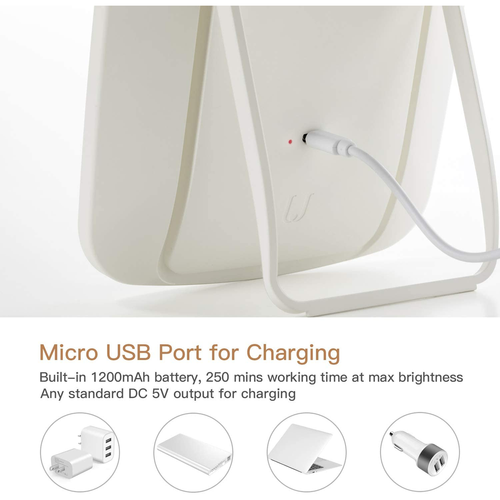 Un dispositivo bianco con un cavo bianco collegato alla sua porta micro USB.