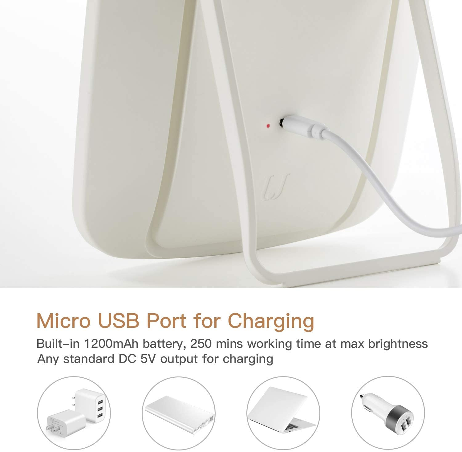 Un dispositivo bianco si ricarica tramite cavo USB bianco. Una piccola luce rossa è accesa.