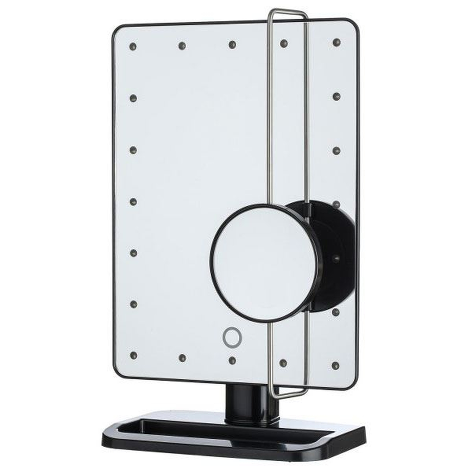 Specchio da trucco rettangolare con LED e un piccolo specchio girevole.