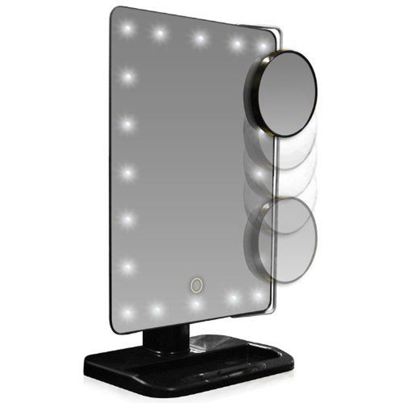 Uno specchio per il trucco rettangolare con luci e uno specchio di ingrandimento estensibile.