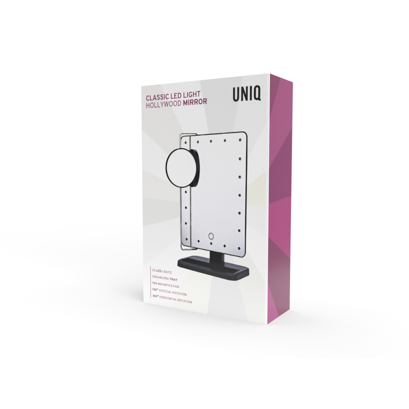 Confezione di uno specchio Hollywood UNIQ con 20 LED, vassoio organizer, ingrandimento 10x.