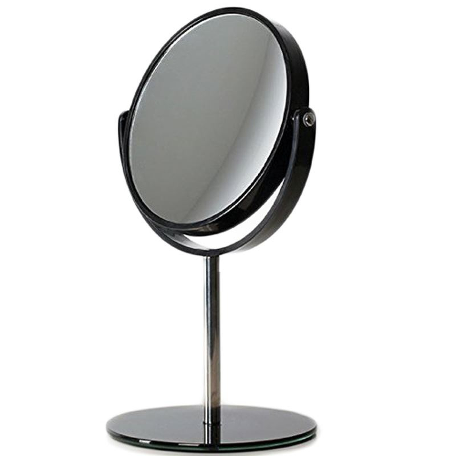 Uno specchio cosmetico rotondo con cornice nera su un supporto metallico con base rotonda.