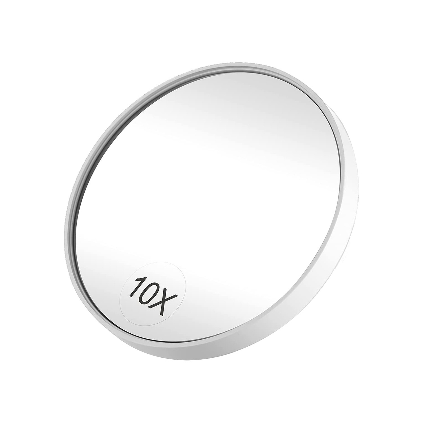 Uno specchio per il trucco bianco con ingrandimento 10x, su sfondo bianco.