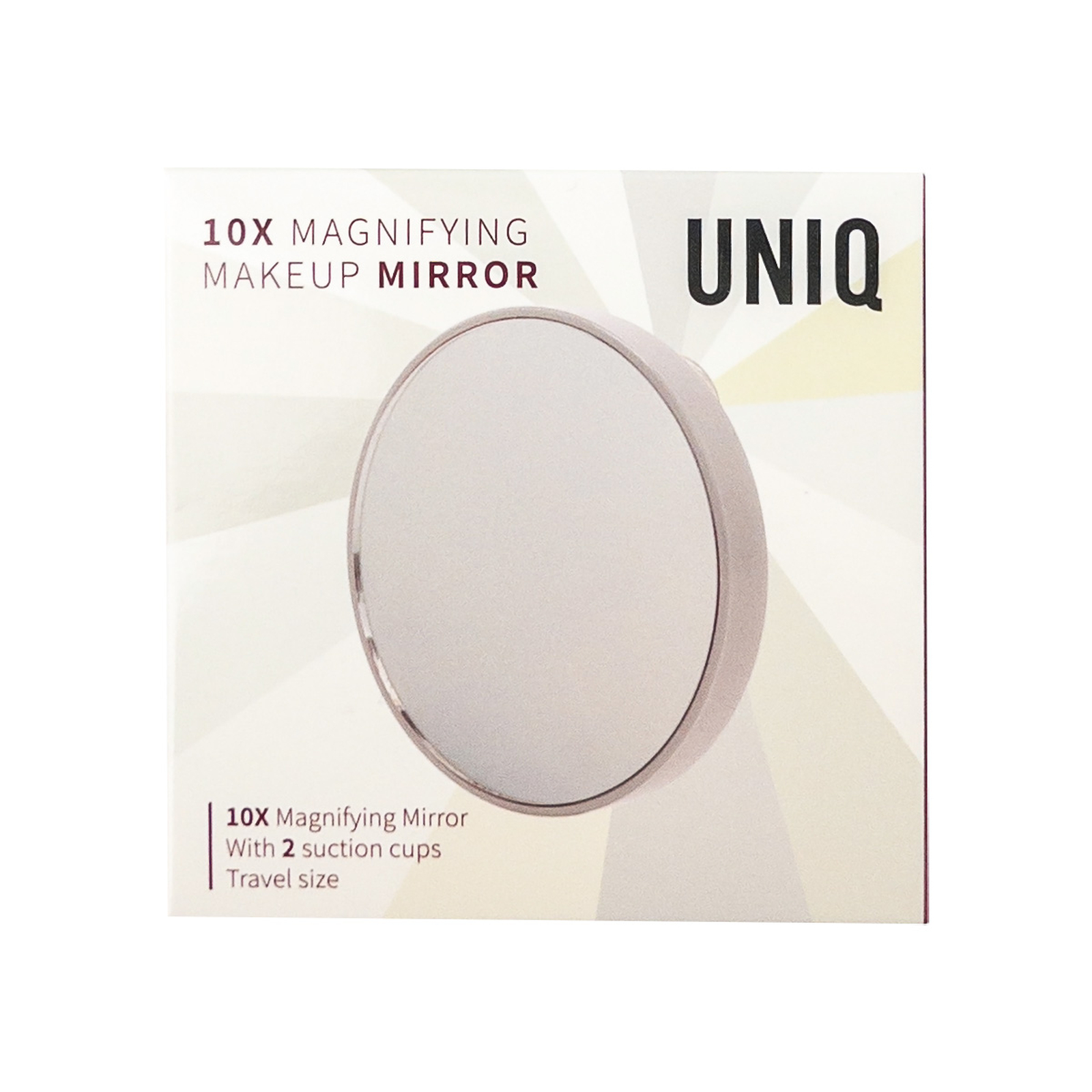 Specchio da trucco rotondo UNIQ 10x con ventose su scatola.