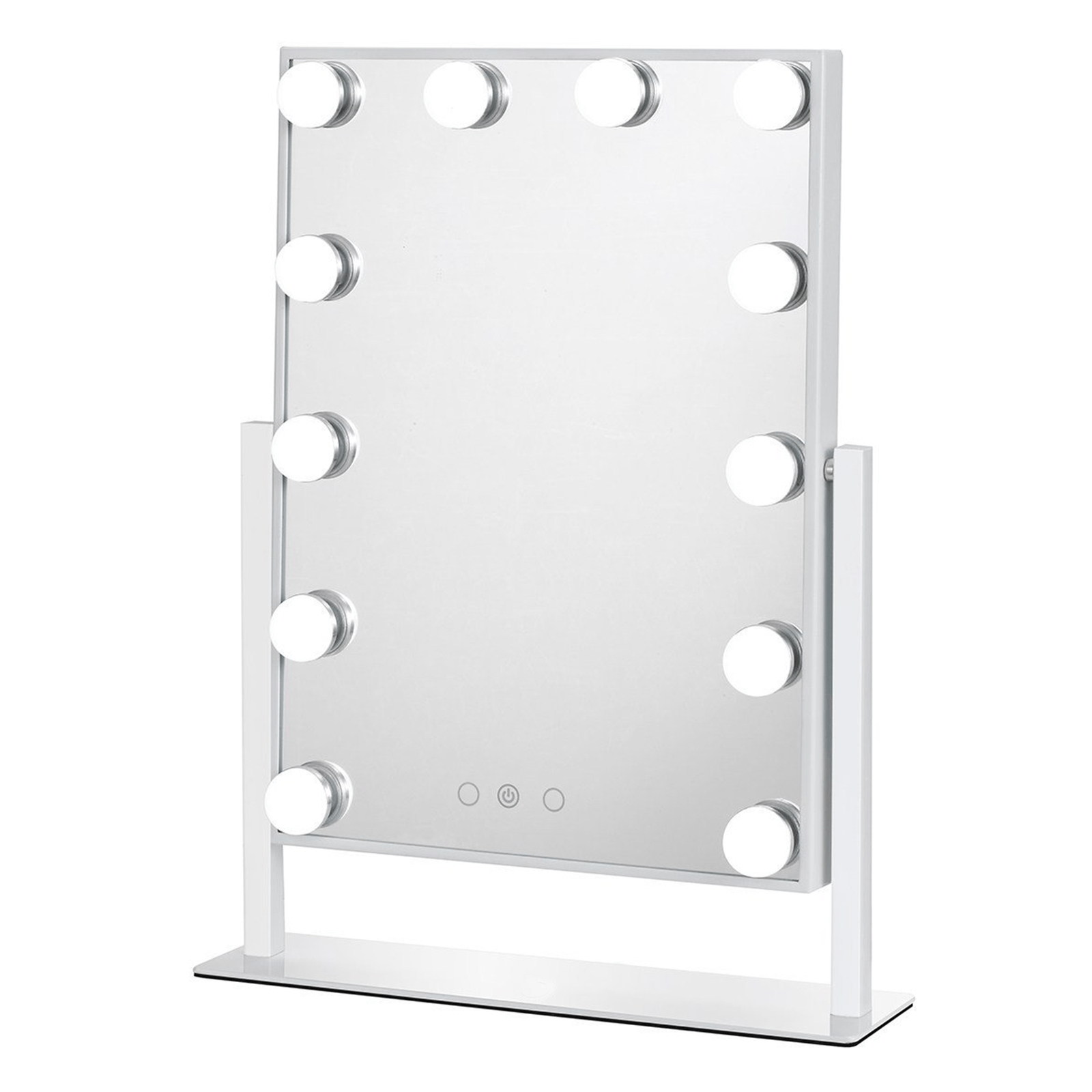 Uno specchio per il trucco rettangolare con luci su un supporto bianco.