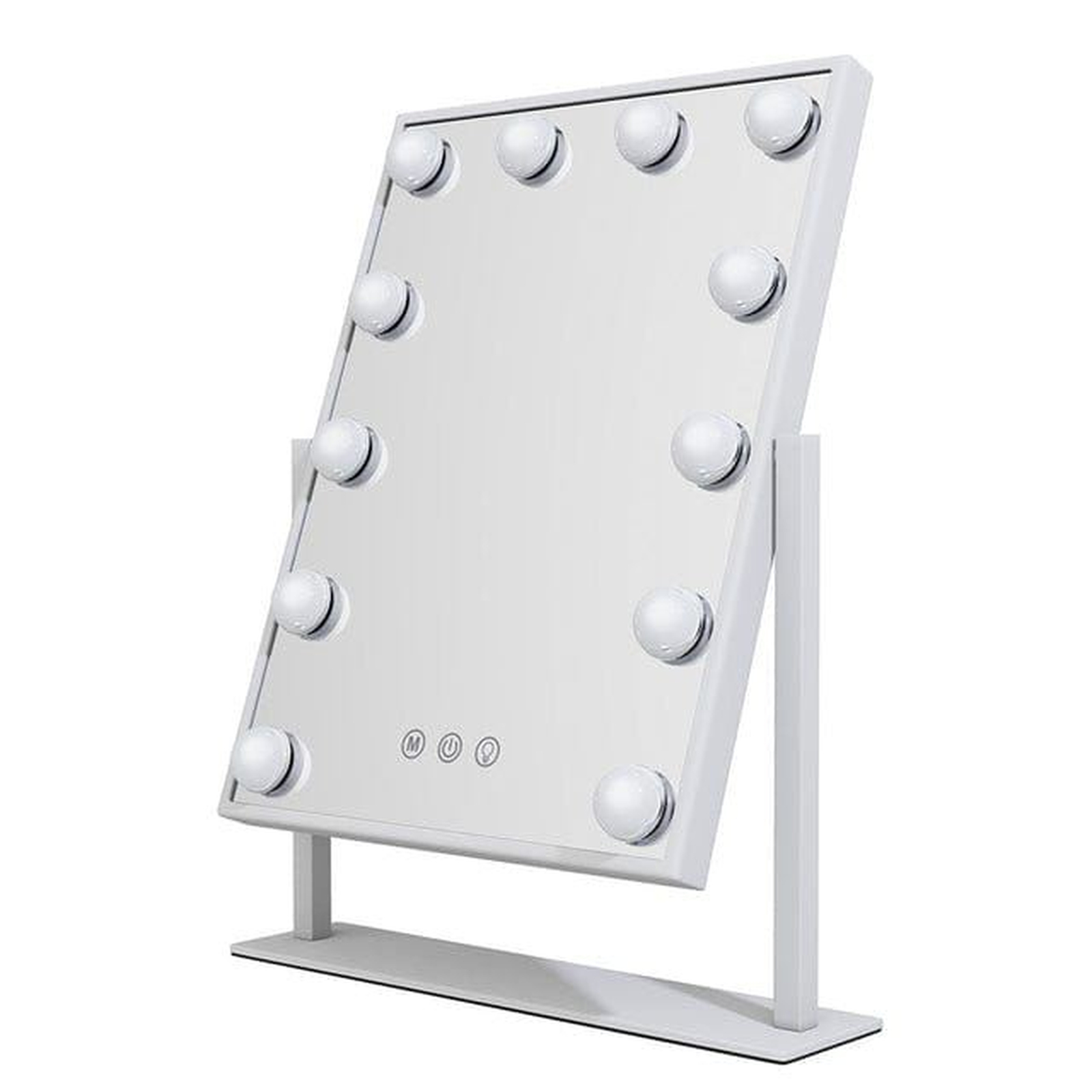 Uno specchio da toeletta bianco con luci poggia su una base.
