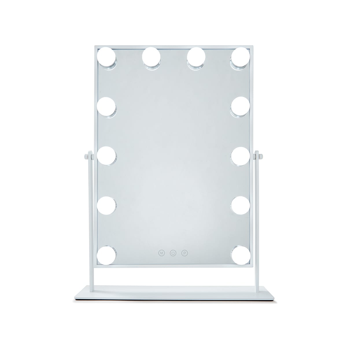 Uno specchio per il trucco bianco con 12 luci su un supporto.