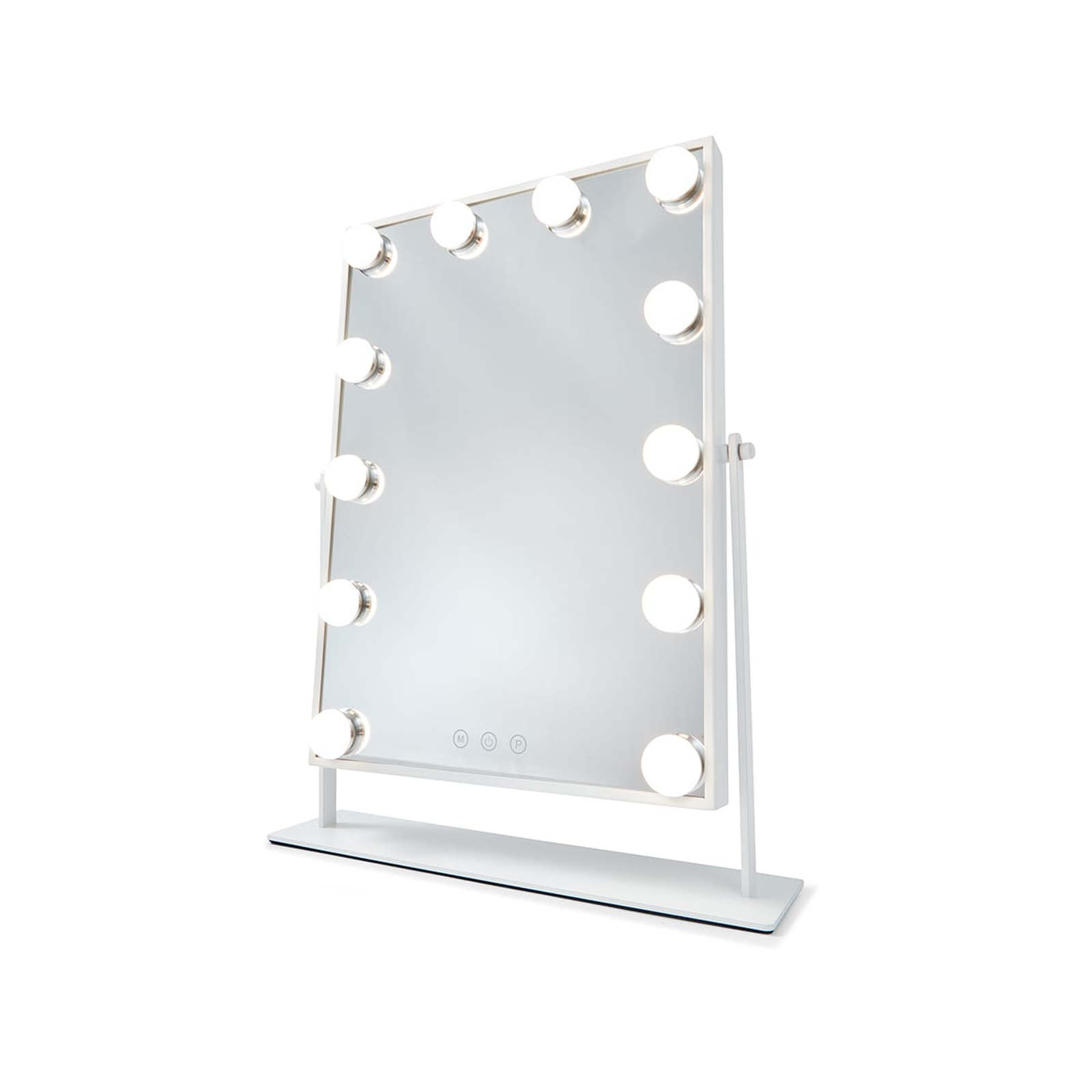 Uno specchio per il trucco bianco con 10 luci e controlli touch su una base.
