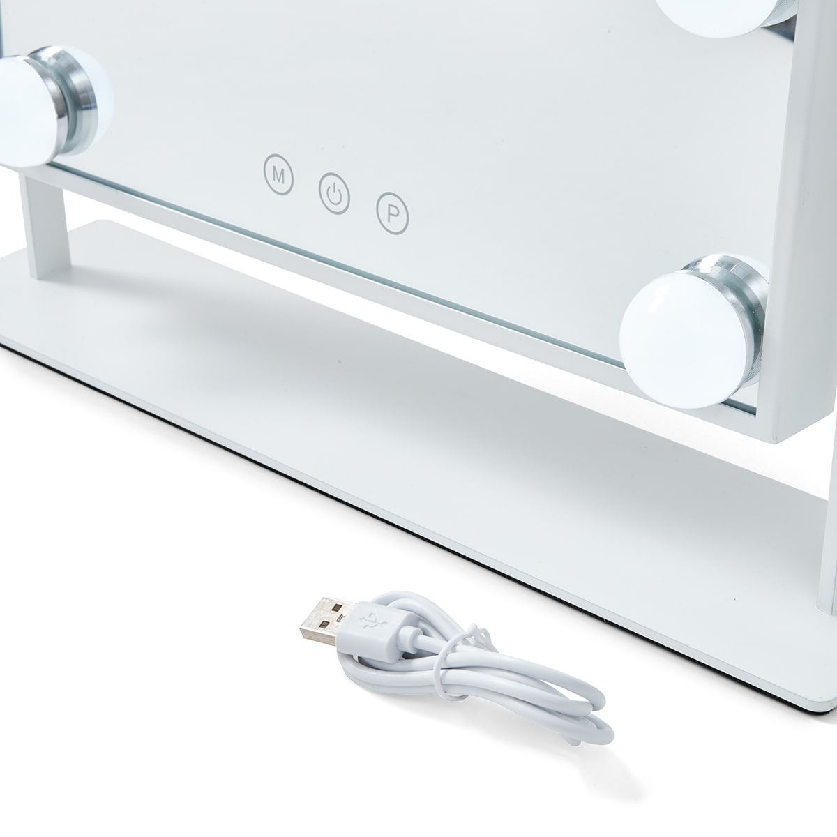 Specchio per trucco bianco con controlli touch e cavo USB.