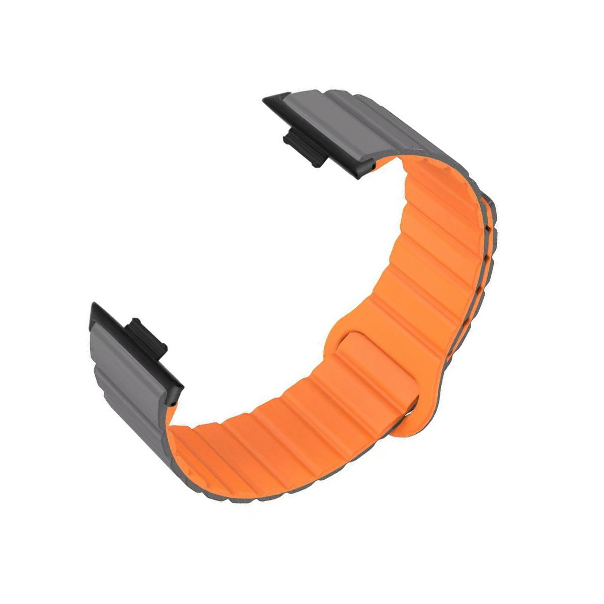 Ein orangefarbenes Armband mit grauen Enden, das sich in einer C-Form krümmt.